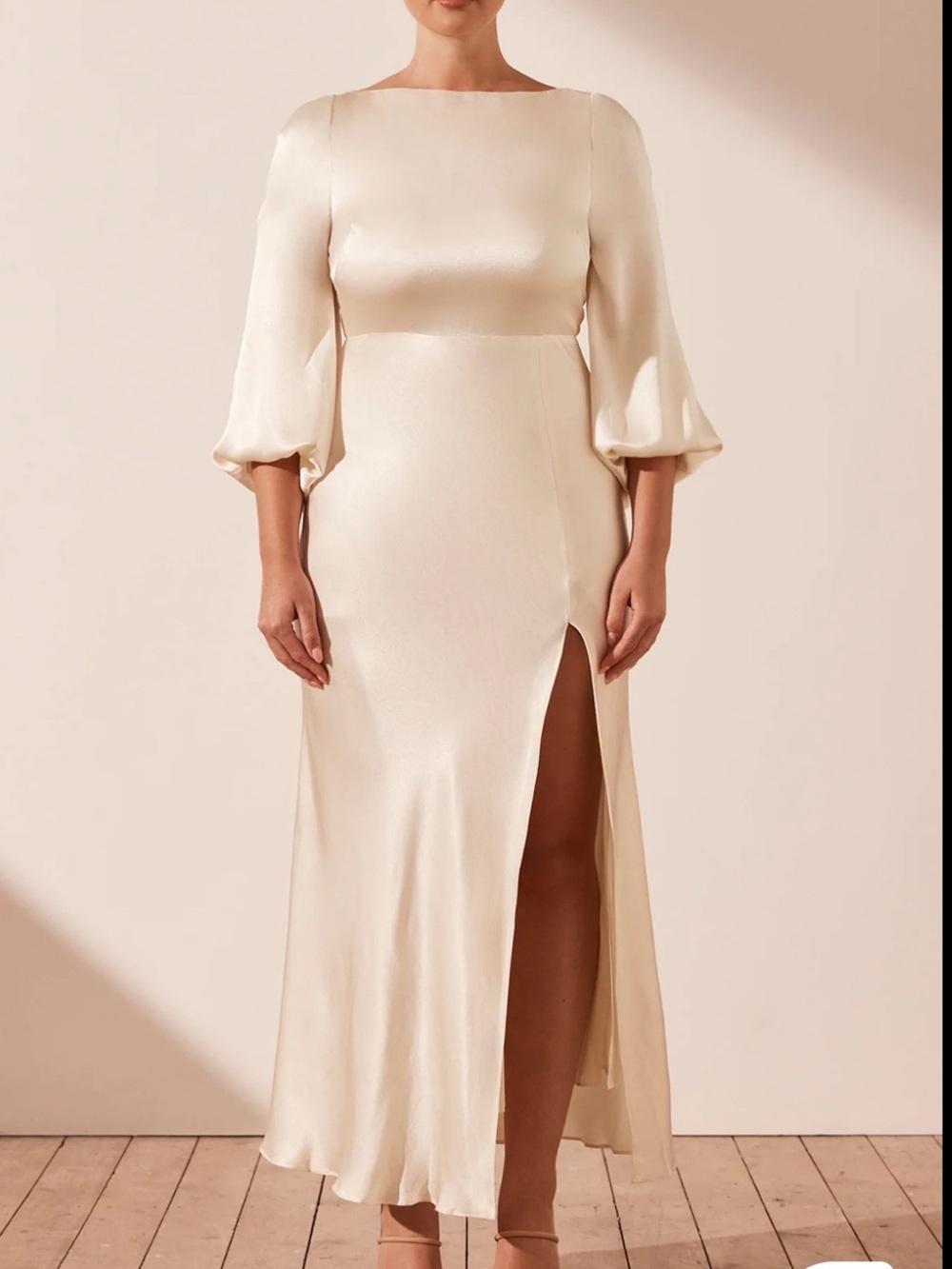 La Lune Elegant Cream Satin Balloon Sleeve Maxi Dress with Side Slit